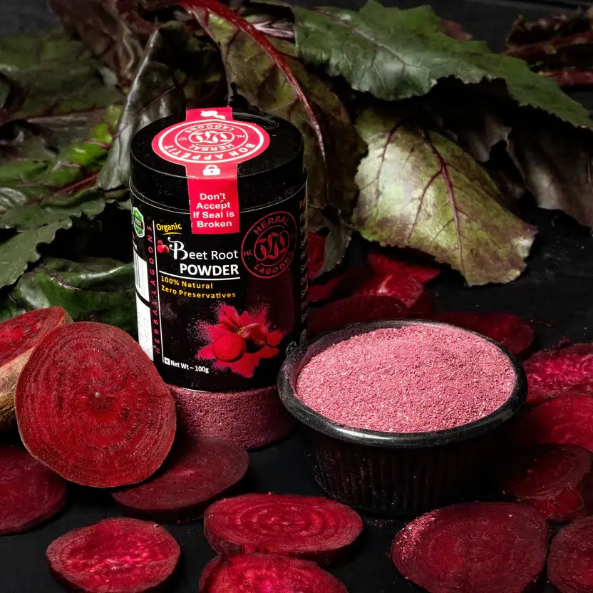 Organic Deep red beetroot powder texture close-up