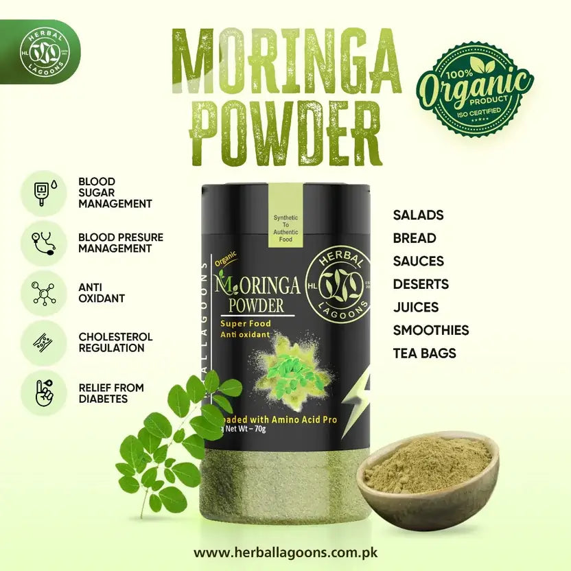 Fine green moringa powder texture close-up