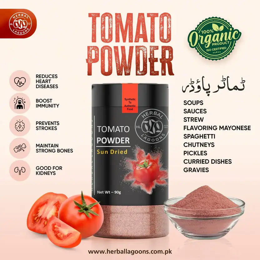 Herbal Lagoons tomato powder 90g – health benefits and uses infographic
